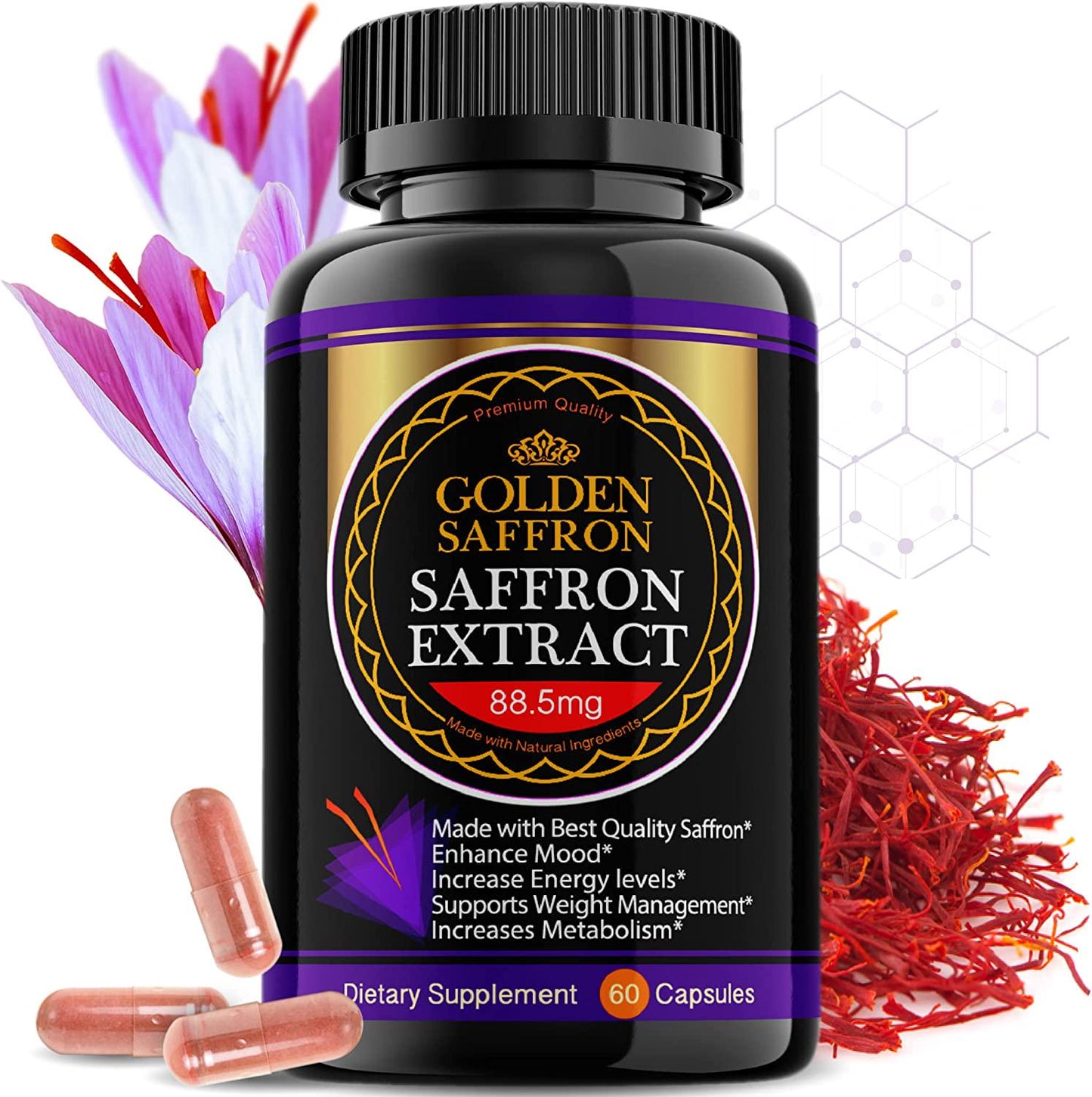 Golden Saffron, Saffron Extract 8825 (Vegetarian) - Best All Natural Appetite Suppressant That Works - 88.5 mg per Capsule - Manufactured by Highest Grade Saffron, Non-GMO, 30 Day Supply