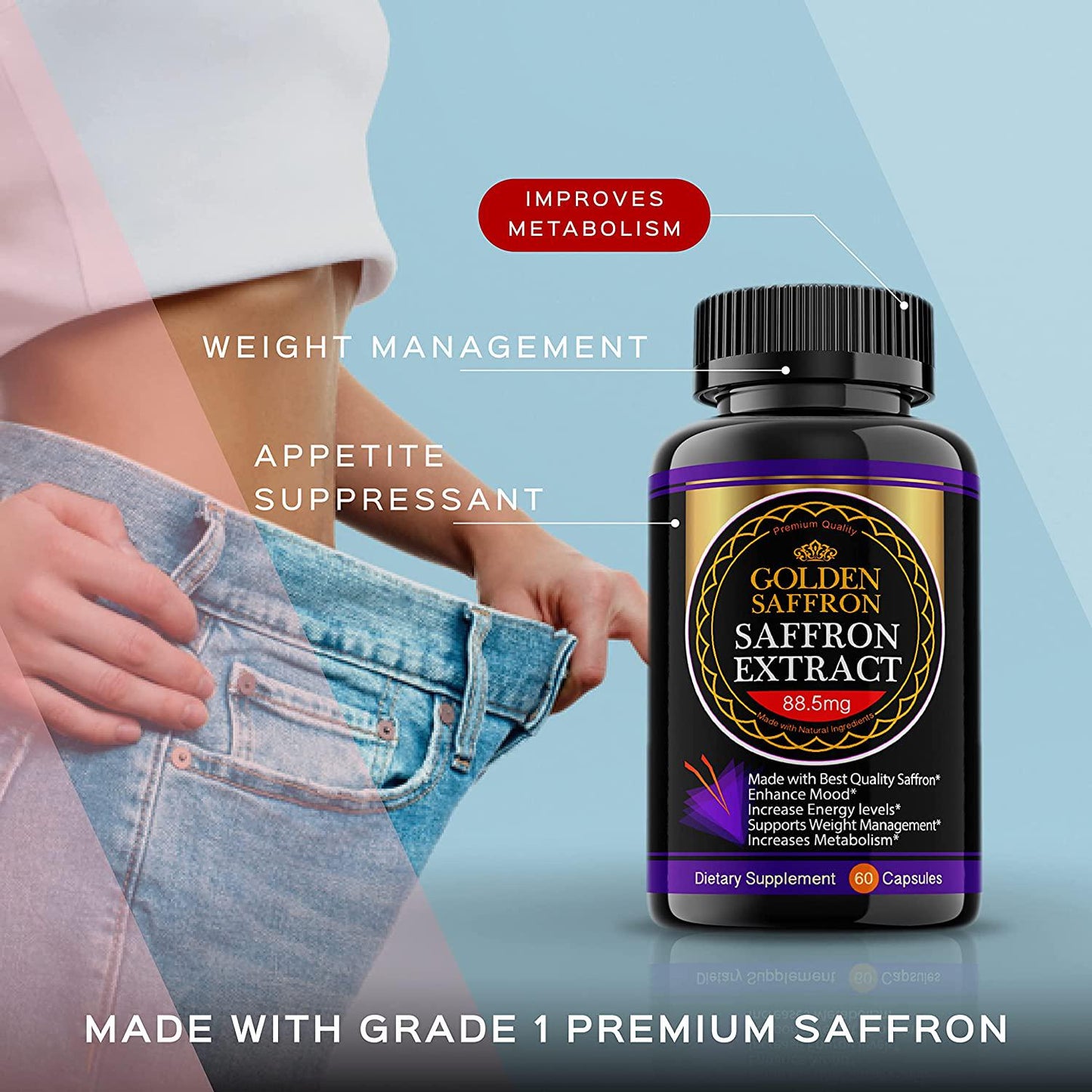 Golden Saffron, Saffron Extract 8825 (Vegetarian) - Best All Natural Appetite Suppressant That Works - 88.5 mg per Capsule - Manufactured by Highest Grade Saffron, Non-GMO, 30 Day Supply