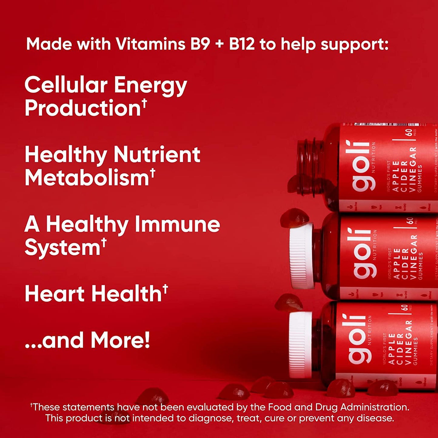 GoliÂ Apple Cider Vinegar Gummy Vitamins (1 Pack, 60 Count, Gelatin-Free, Gluten-Free, Vegan and Non-GMO Made with Essential Vitamins B9 and B12)