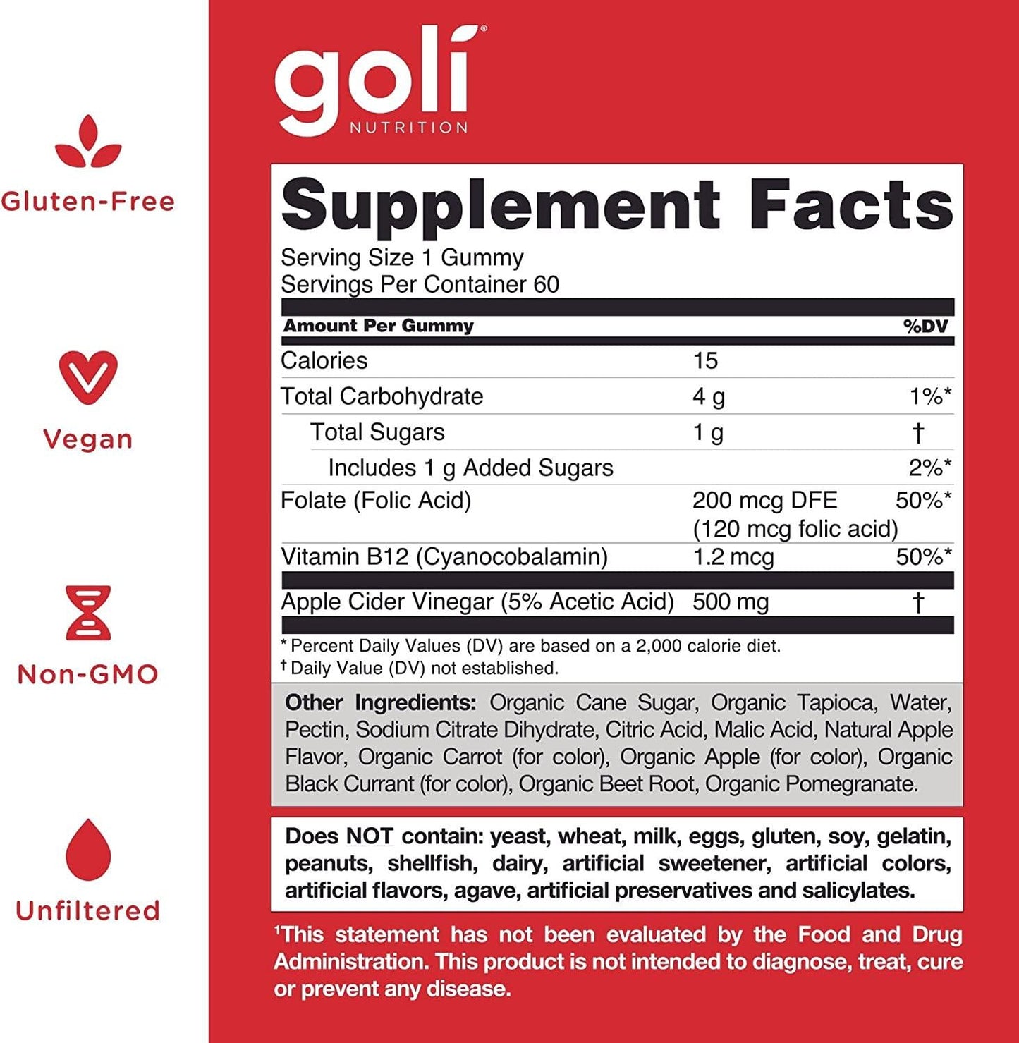GoliÂ Apple Cider Vinegar Gummy Vitamins (1 Pack, 60 Count, Gelatin-Free, Gluten-Free, Vegan and Non-GMO Made with Essential Vitamins B9 and B12)