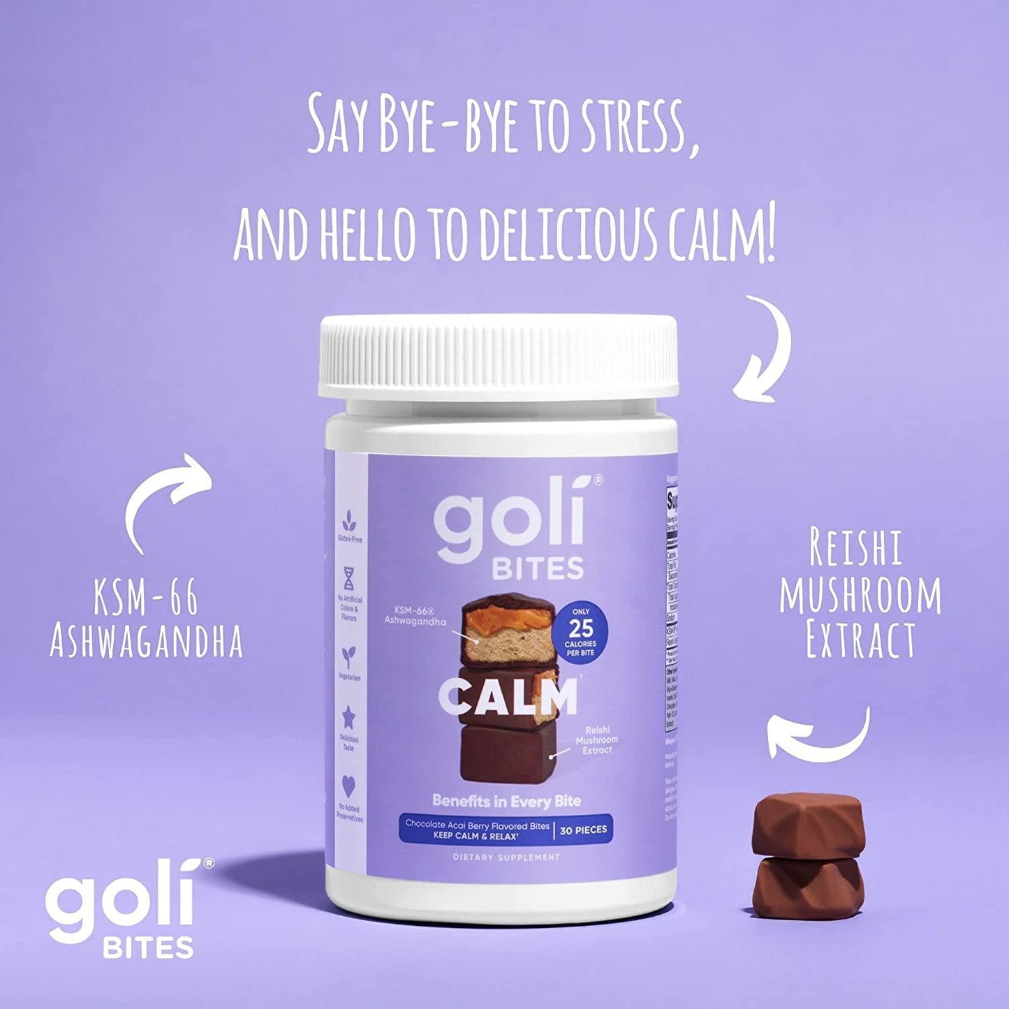 Goli Calm Ashwagandha Bites - 90 Count - Milk chocolate acai berry flavor, with KSM-66 Ashwagandha - for stress reduction and more - Vegetarian, Gluten-Free and no added preservatives.