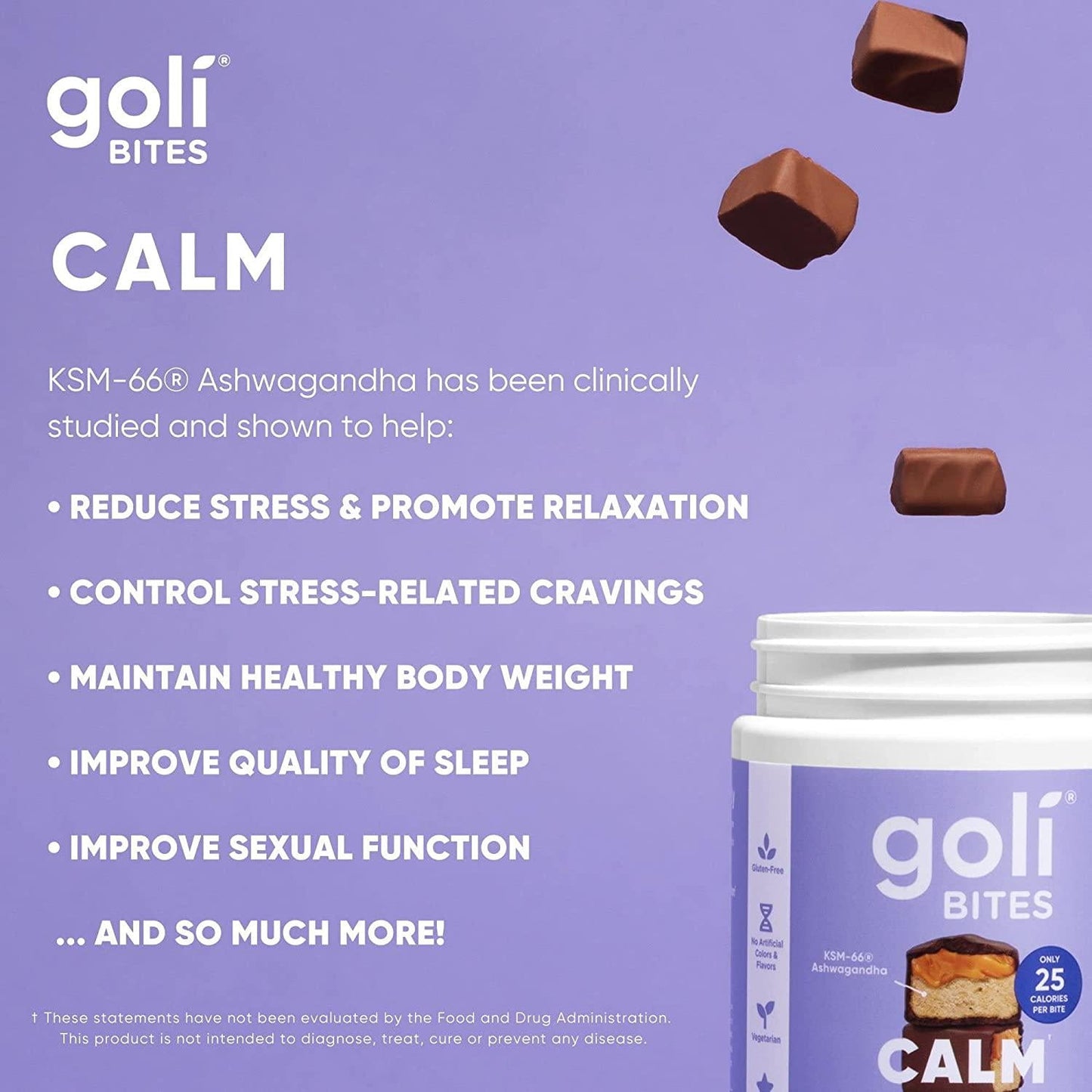 Goli Calm Ashwagandha Bites - 90 Count - Milk chocolate acai berry flavor, with KSM-66 Ashwagandha - for stress reduction and more - Vegetarian, Gluten-Free and no added preservatives.