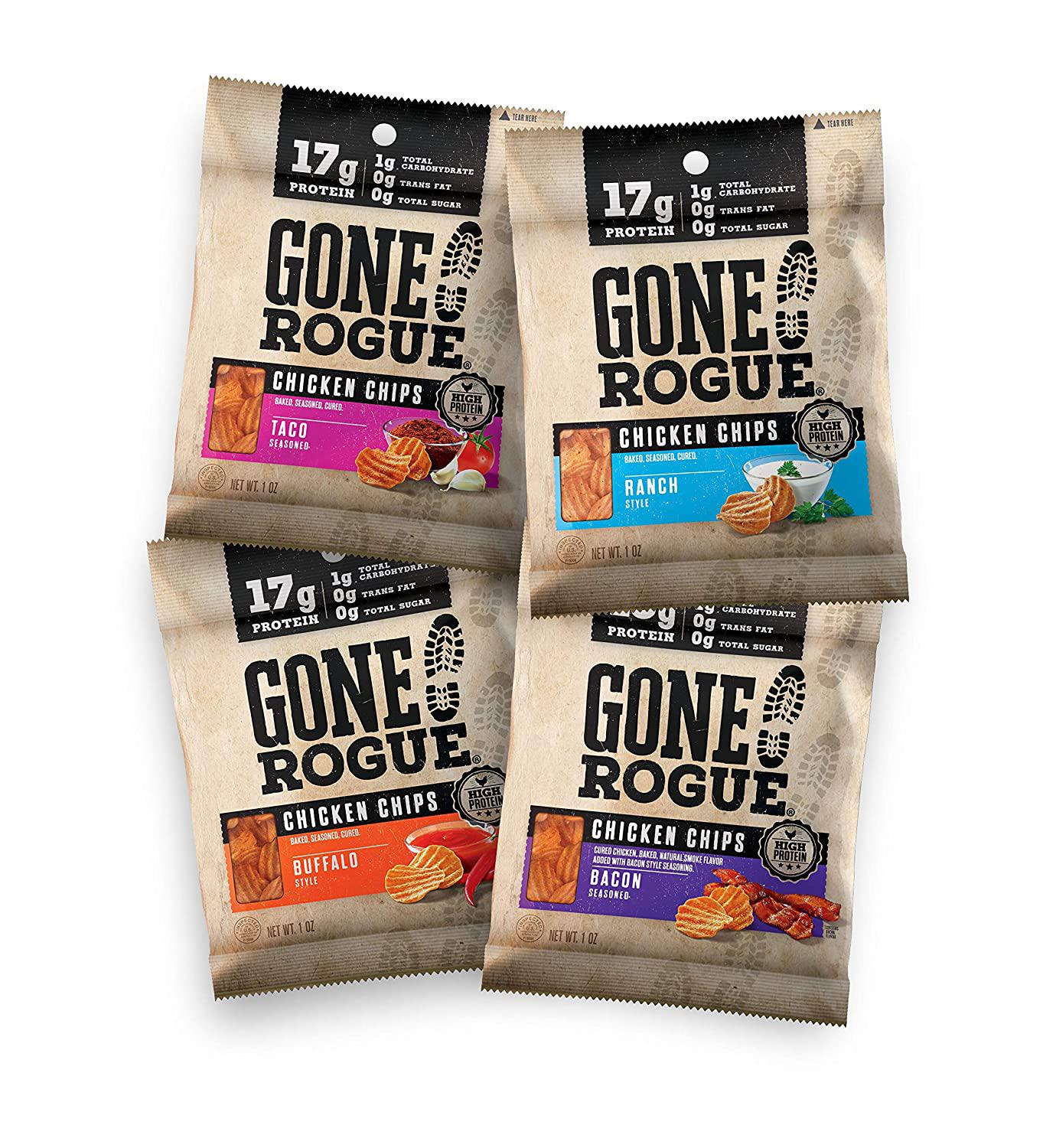 Gone Rogue High Protein Chips, Low Carb, Gluten Free, Keto Friendly Snacks - Variety Pack, 4 pack, 4 Flavors: Ranch Style Chicken, Taco Style Chicken, Chicken Bacon and Buffalo Style Chicken
