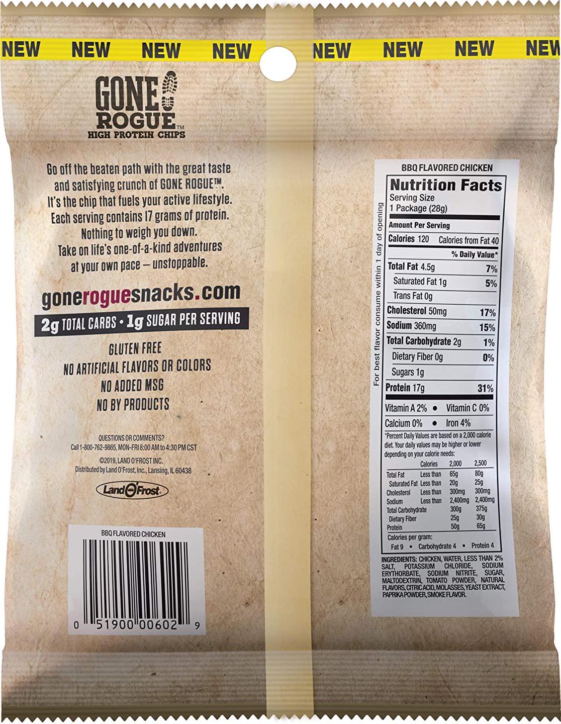 Gone Rogue High Protein BBQ Chicken Chips, Low Carb, Gluten Free, Keto Friendly Snacks, 4 pack