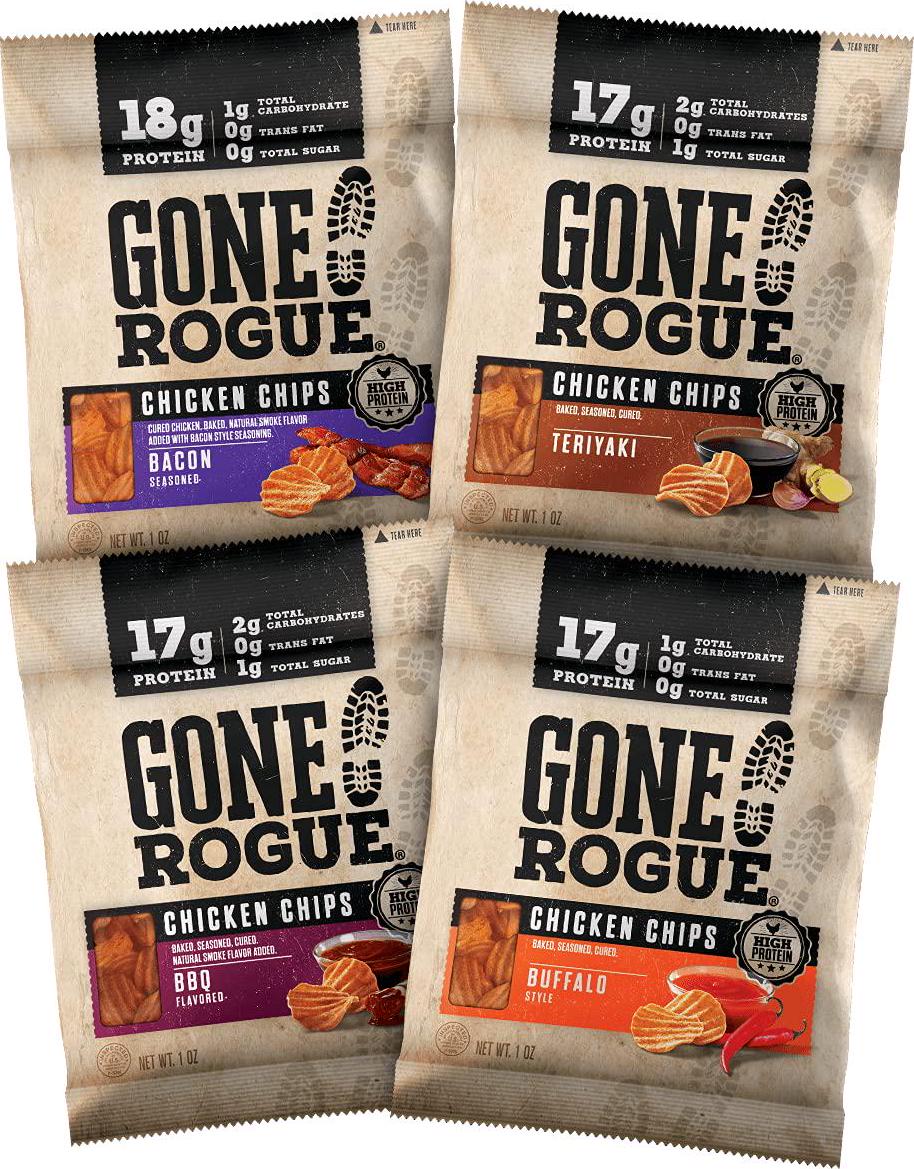 Gone Rogue High Protein Chips, Low Carb, Gluten Free, Keto Friendly Snacks - Variety Pack, 4 pack, 4 Flavors: Chicken Bacon, Buffalo Style Chicken, Teriyaki Chicken and BBQ Chicken