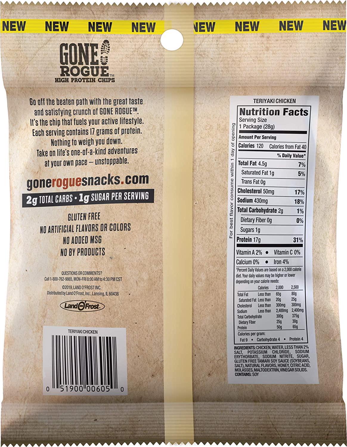 Gone Rogue High Protein Teriyaki Chicken Chips, Low Carb, Gluten Free, Keto Friendly Snacks, 4 pack