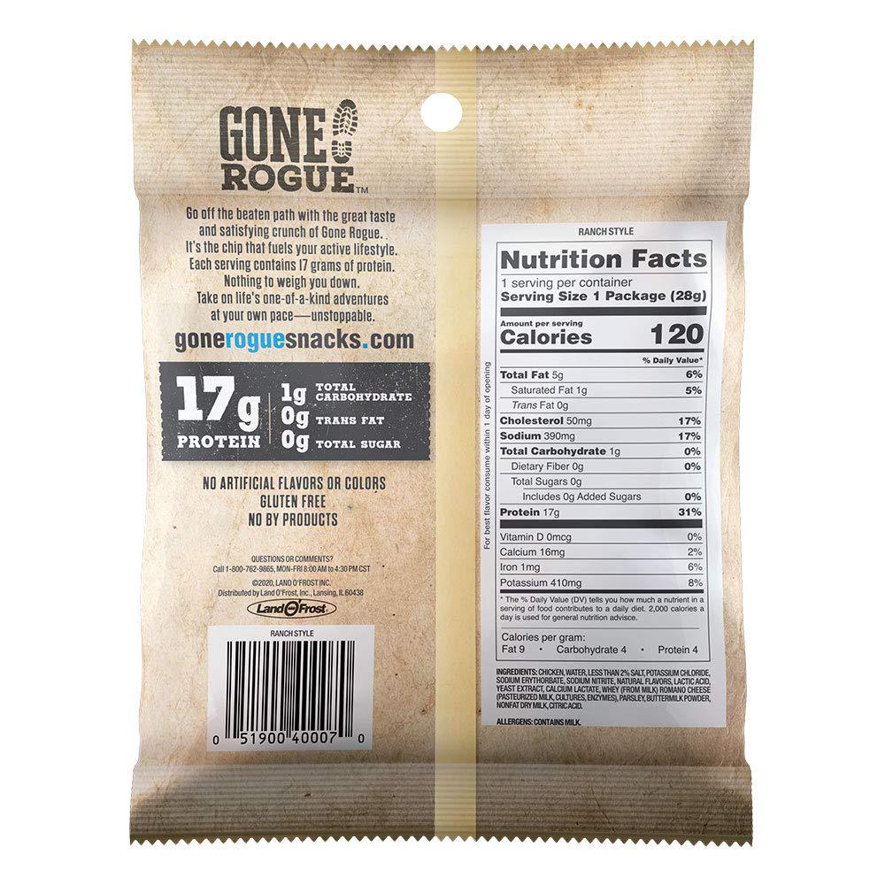 Gone Rogue High Protein Ranch Style Chicken Chips, Low Carb, Gluten Free, Keto Friendly Snacks, 4 pack