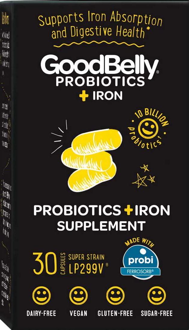 GoodBelly Probiotic Supplement for Digestive Health - Iron Supplement Support for Women - Aids in Digestion and Iron Absorption {1 Box - 30 Capsules}