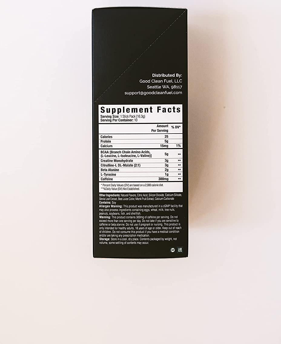 Good Clean Fuel Pre-Workout | Caffeine | BCAAs | Beta Alanine | Creatine | Tyrosine | Citrulline | No Sugar or Artificial Sweeteners | Strawberry Flavor | 10 Stick Packs