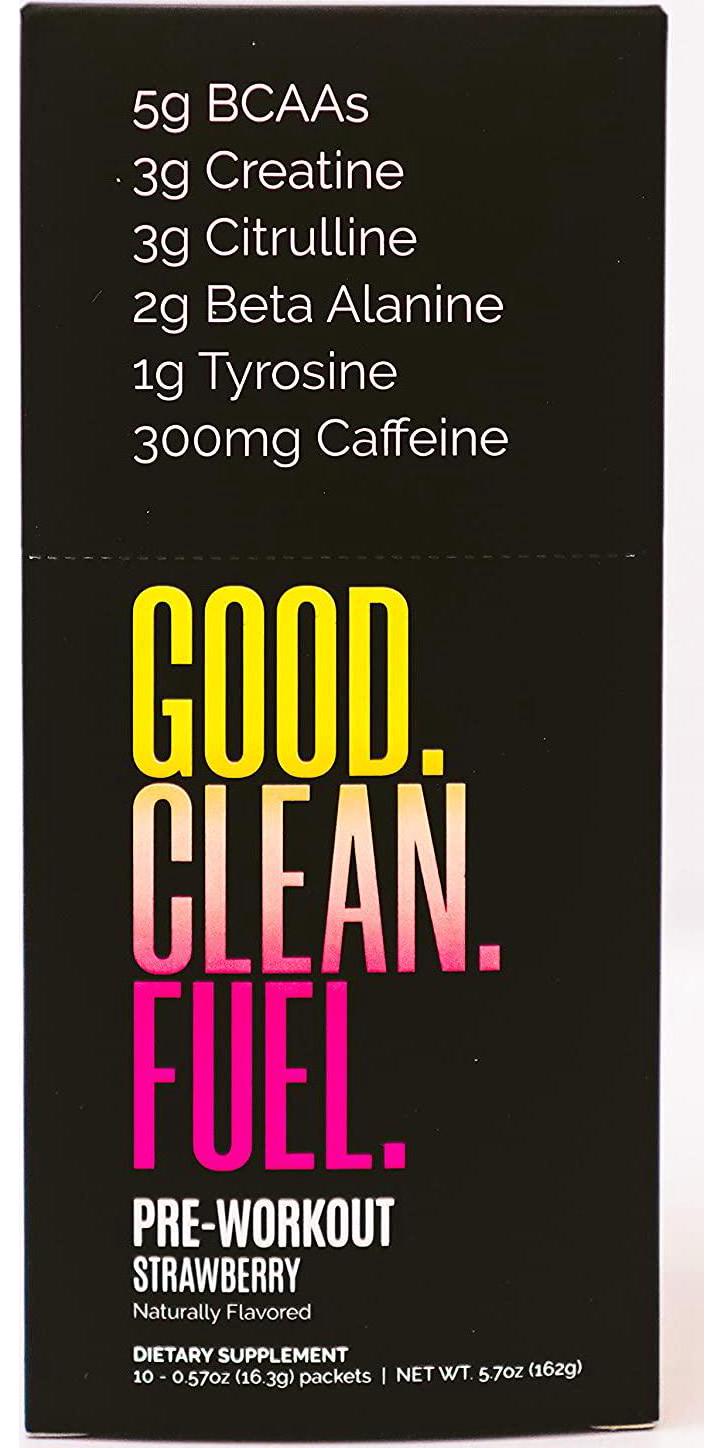 Good Clean Fuel Pre-Workout | Caffeine | BCAAs | Beta Alanine | Creatine | Tyrosine | Citrulline | No Sugar or Artificial Sweeteners | Strawberry Flavor | 10 Stick Packs