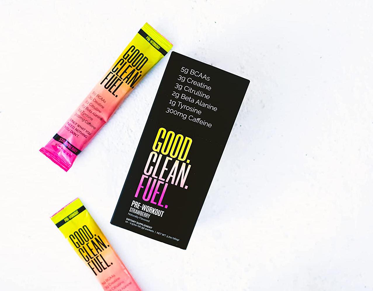 Good Clean Fuel Pre-Workout | Caffeine | BCAAs | Beta Alanine | Creatine | Tyrosine | Citrulline | No Sugar or Artificial Sweeteners | Strawberry Flavor | 10 Stick Packs