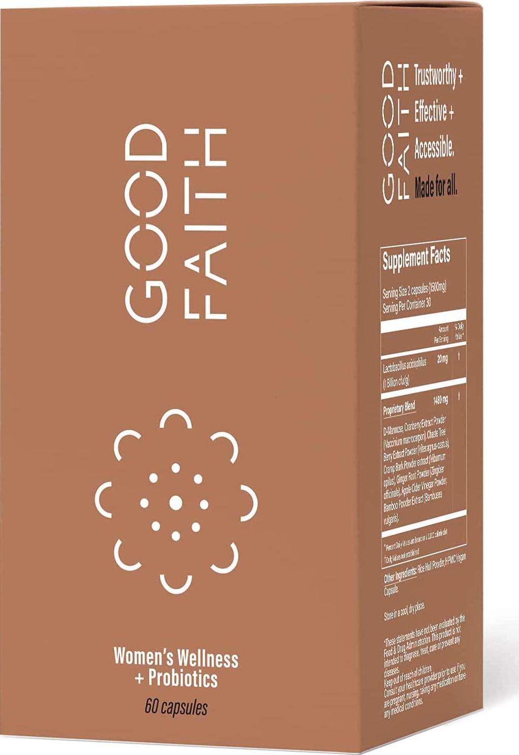 Good Faith - Women’s Wellness with Probiotics - 60 Capsules - Vaginal Health Probiotic - Promotes a Healthy Gut - Balances Vaginal Flora - Vegan