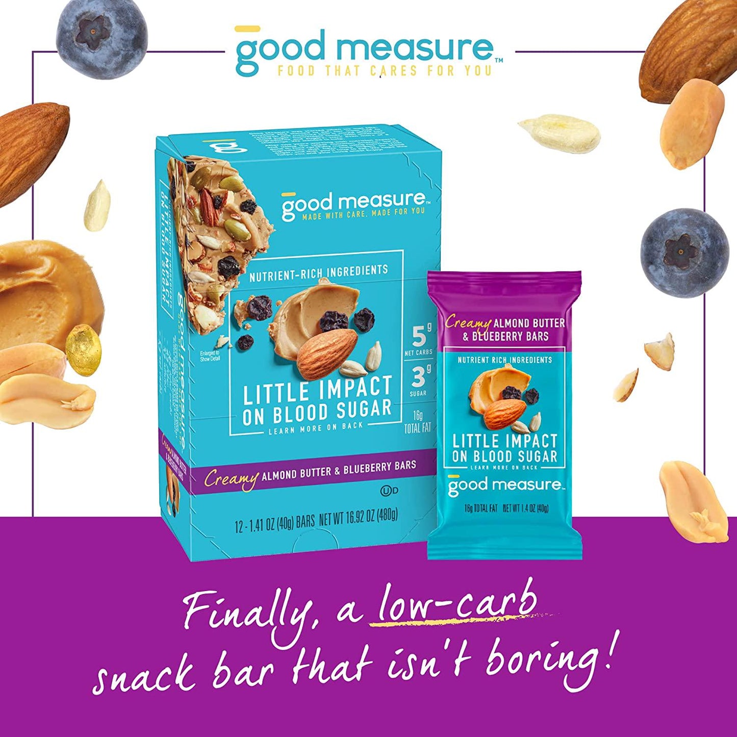 Good Measure Bars, Almond Butter and Blueberry - Zero Added Sugar, 5g Net Carbs, 7g Protein - Nutrient-Rich Low Carb Snack, Keto Friendly Food - Little Impact on Blood Sugar - Made in the USA