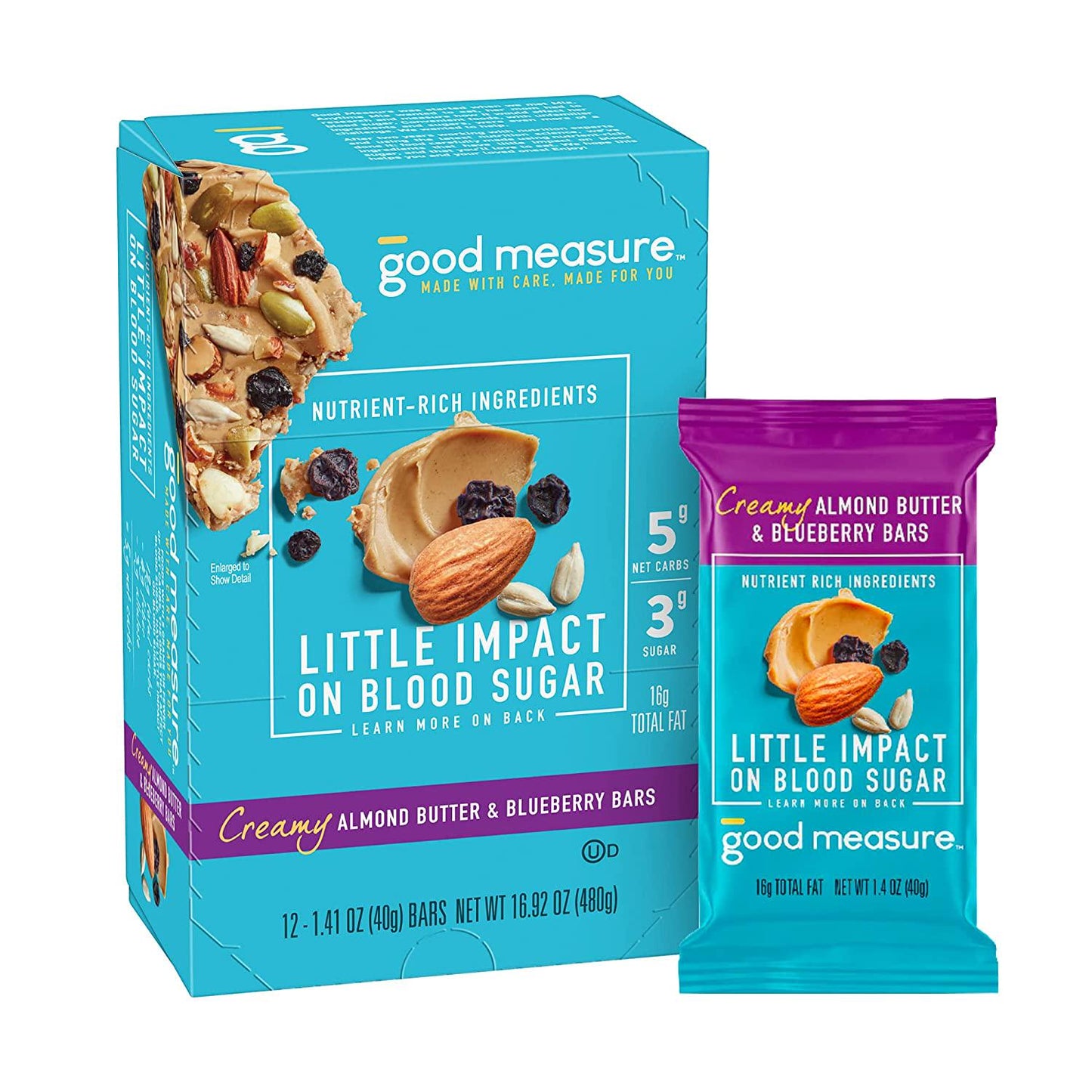 Good Measure Bars, Almond Butter and Blueberry - Zero Added Sugar, 5g Net Carbs, 7g Protein - Nutrient-Rich Low Carb Snack, Keto Friendly Food - Little Impact on Blood Sugar - Made in the USA