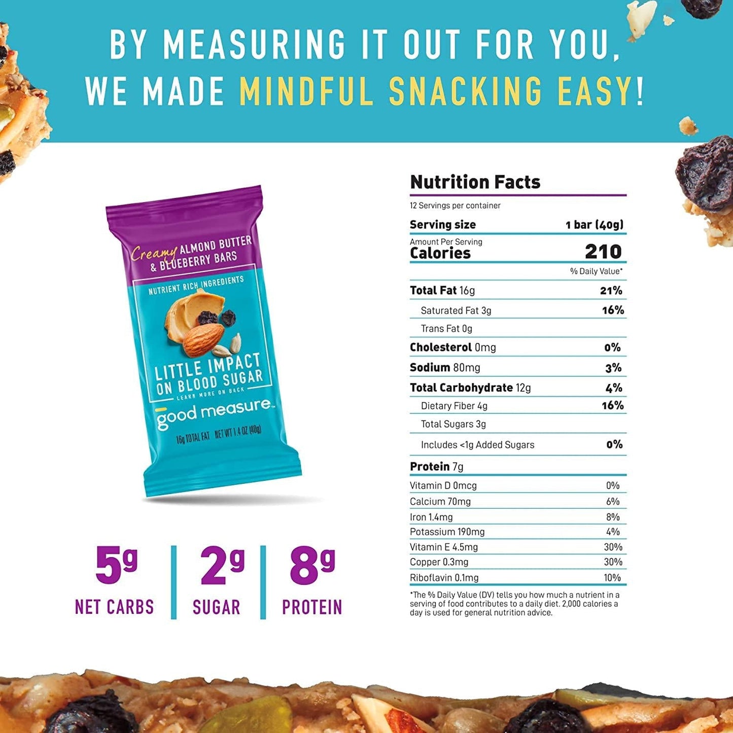 Good Measure Bars, Almond Butter and Blueberry - Zero Added Sugar, 5g Net Carbs, 7g Protein - Nutrient-Rich Low Carb Snack, Keto Friendly Food - Little Impact on Blood Sugar - Made in the USA