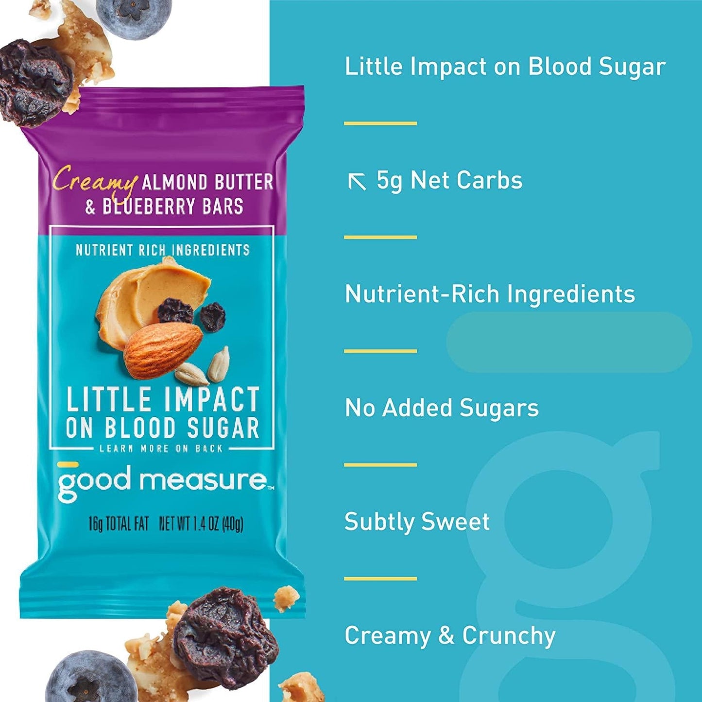 Good Measure Bars, Almond Butter and Blueberry - Zero Added Sugar, 5g Net Carbs, 7g Protein - Nutrient-Rich Low Carb Snack, Keto Friendly Food - Little Impact on Blood Sugar - Made in the USA