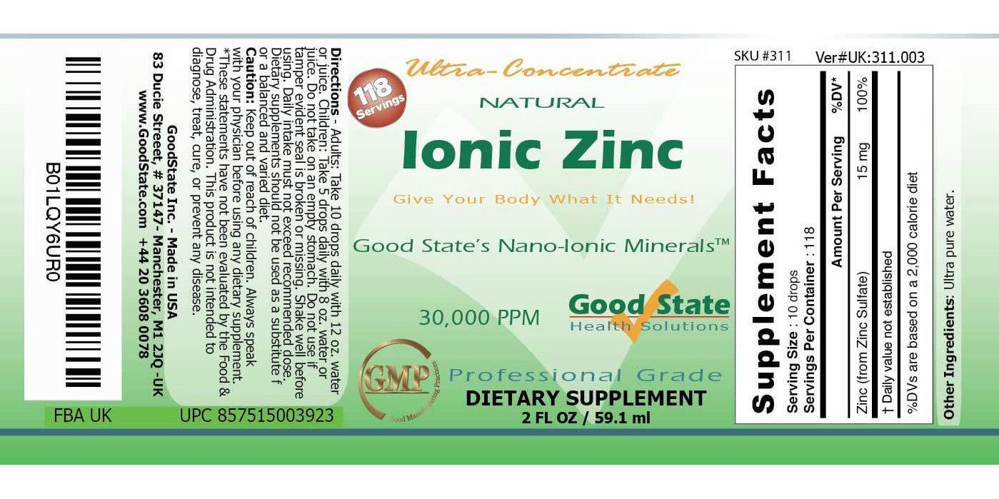 Good State Natural Ionic Zinc | Liquid Concentrate | Nano Sized Mineral Technology | Professional Grade Dietary Supplement | 1.6 fl oz Glass Bottle (50 mL)