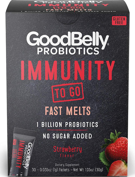 Goodbelly Fast Melts - Promotes Immunity Support Through Live Probiotic for Women and Men, Strawberry Flavor, 30 On-The-Go Packets