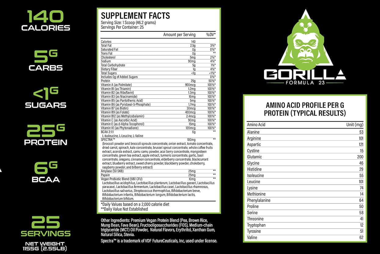 Gorilla Formula 23 Vegan Protein Powder, Coconut Flavored, Pure Plant Based Protein Powder, Make Vegan Protein Shake, Performance and Post Workout, Vegetarian Friendly (2.6lb)