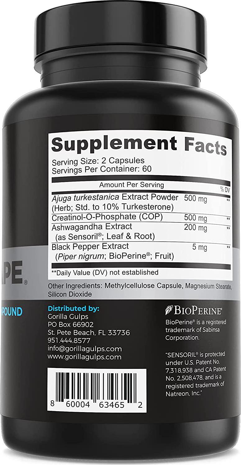 Gorilla Gulps | Anabolic Ape Enhanced Turkesterone Compound | Turkesterone, Creatinol-O-Phosphate, Ashwagandha, Bioperine | 3rd Party Lab Tested | (120 Capsules)