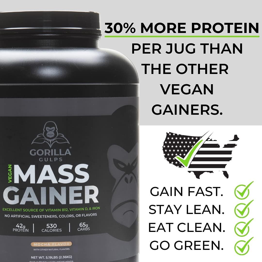Gorilla Gulps Mocha Vegan Mass Gainer 5 lb Natural High Calorie Protein Powder GMO, Gluten, Dairy, and Soy Free. No Artificial Ingredients Vitamin B12 + D3, and Iron 530 Calories 18 Servings