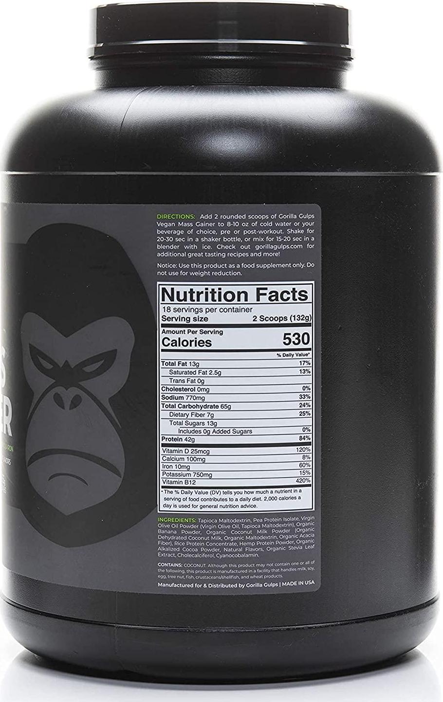 Gorilla Gulps Mocha Vegan Mass Gainer 5 lb Natural High Calorie Protein Powder GMO, Gluten, Dairy, and Soy Free. No Artificial Ingredients Vitamin B12 + D3, and Iron 530 Calories 18 Servings