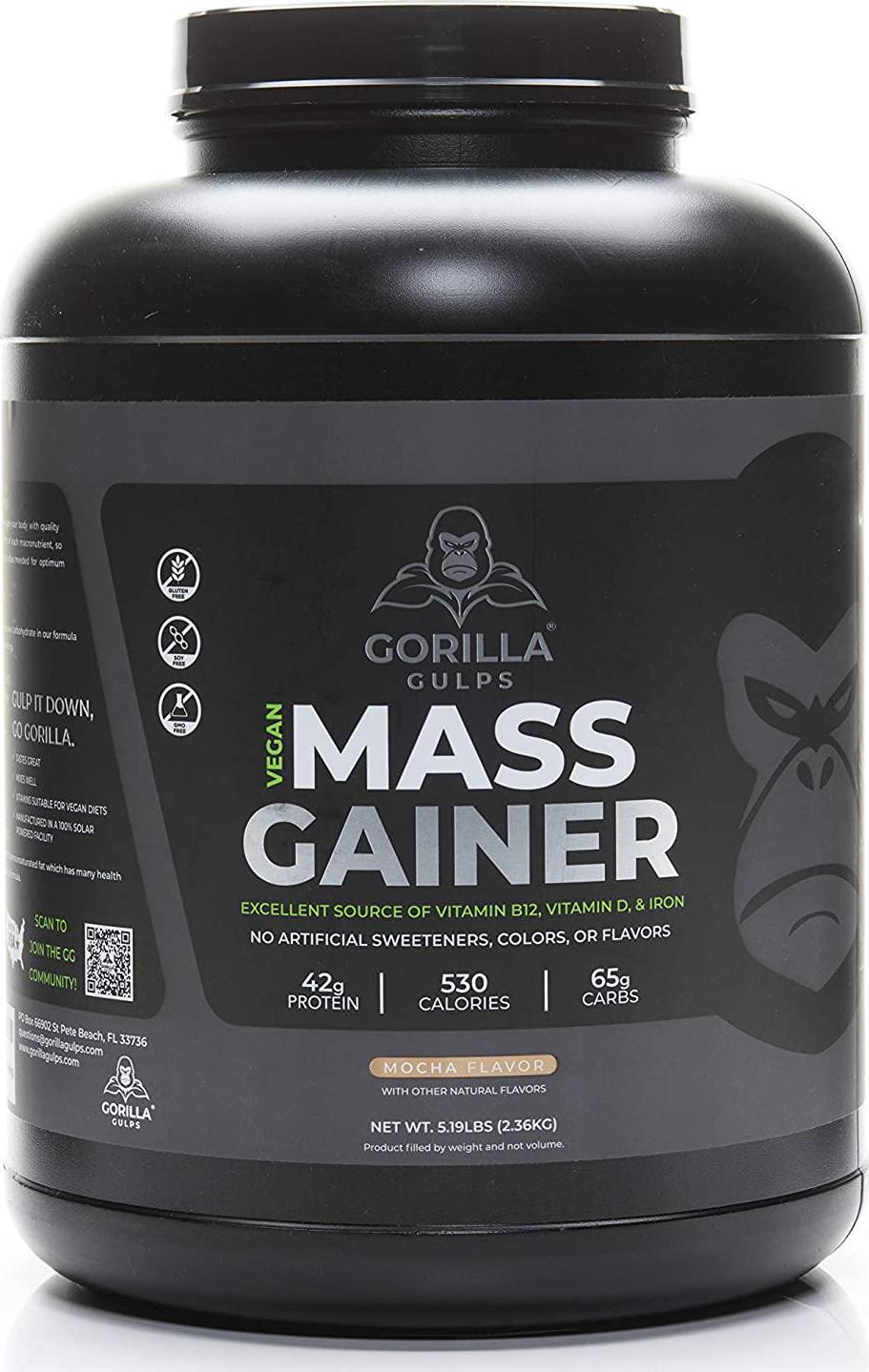 Gorilla Gulps Mocha Vegan Mass Gainer 5 lb Natural High Calorie Protein Powder GMO, Gluten, Dairy, and Soy Free. No Artificial Ingredients Vitamin B12 + D3, and Iron 530 Calories 18 Servings