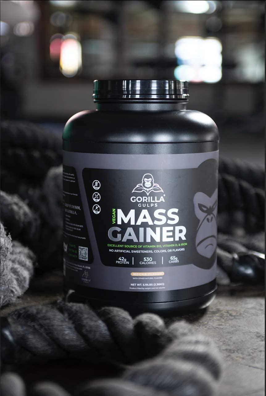 Gorilla Gulps Mocha Vegan Mass Gainer 5 lb Natural High Calorie Protein Powder GMO, Gluten, Dairy, and Soy Free. No Artificial Ingredients Vitamin B12 + D3, and Iron 530 Calories 18 Servings
