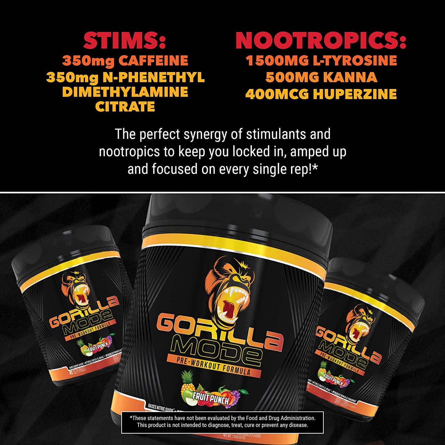 Gorilla Mode Pre Workout - Massive Pumps · Laser Focus · Energy · Power - L-Citrulline, Creatine, GlycerPump , L-Tyrosine, Agmatine, Kanna, N-Phenethyl Dimethylamine Citrate - 574 Grams (Lemonade)