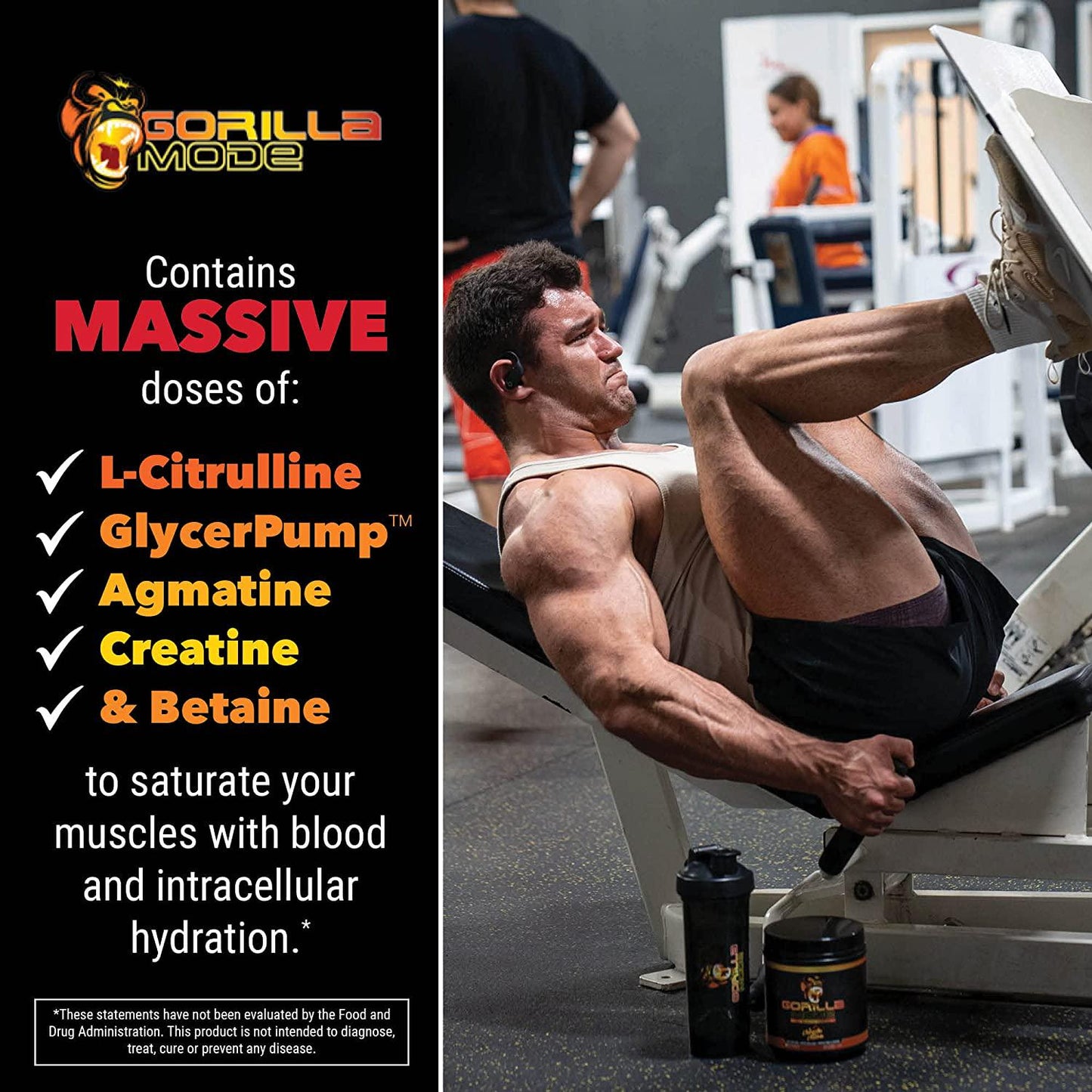 Gorilla Mode Pre Workout - Massive Pumps · Laser Focus · Energy · Power - L-Citrulline, Creatine, GlycerPump , L-Tyrosine, Agmatine, Kanna, N-Phenethyl Dimethylamine Citrate - 574 Grams (Lemonade)
