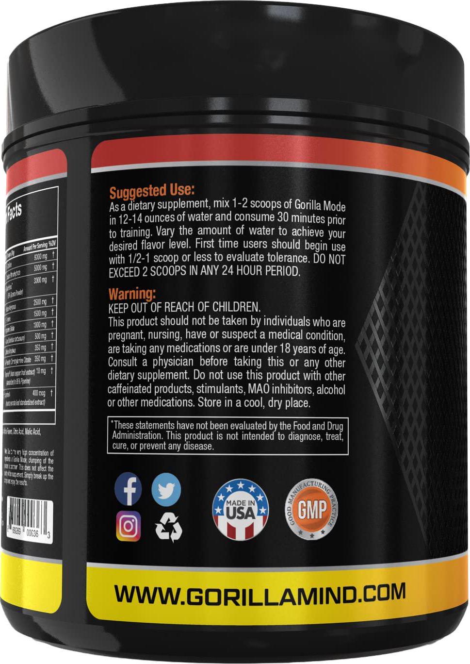 Gorilla Mode Pre Workout - Massive Pumps · Laser Focus · Energy · Power - L-Citrulline, Creatine, GlycerPump , L-Tyrosine, Agmatine, Kanna, N-Phenethyl Dimethylamine Citrate - 574 Grams (Lemonade)