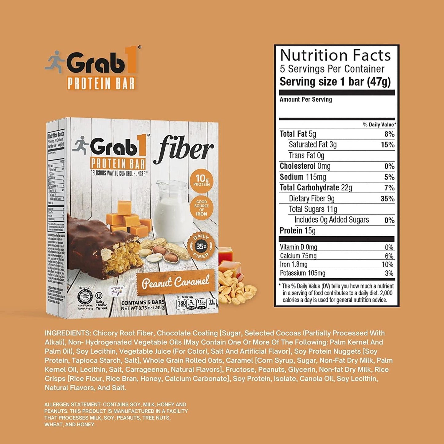Grab1 High Fiber Protein Bars | 9 Grams Fiber | 10 Grams Protein | Peanut Caramel Flavor (2 Pack - 10 Bars) Controls Hunger | Delicious Tasting (For Real!) | Lower Net Carbs | Low Calorie | Certified Kosher