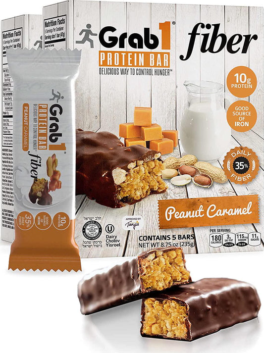 Grab1 High Fiber Protein Bars | 9 Grams Fiber | 10 Grams Protein | Peanut Caramel Flavor (2 Pack - 10 Bars) Controls Hunger | Delicious Tasting (For Real!) | Lower Net Carbs | Low Calorie | Certified Kosher