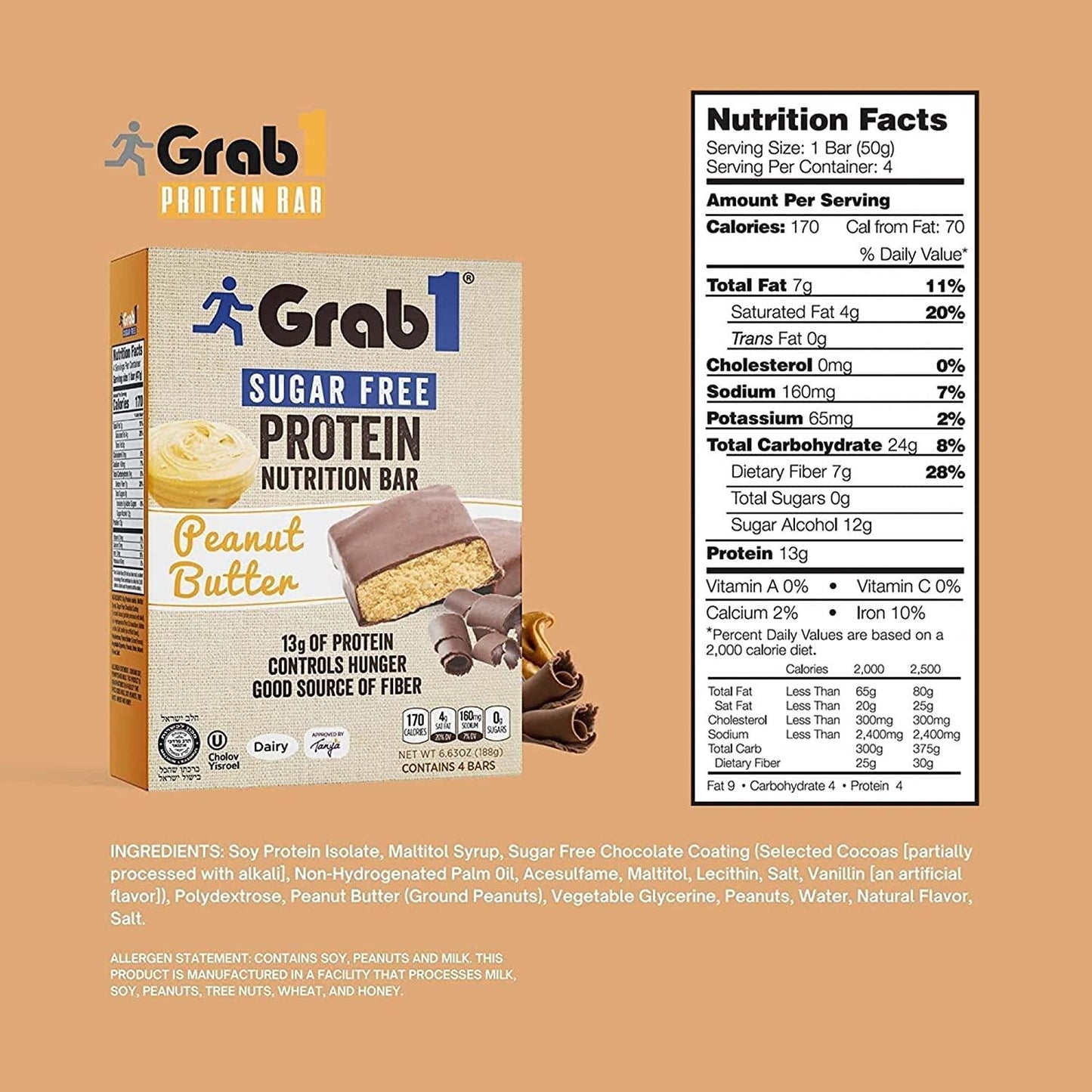 Grab1 Sugar Free Protein Bars, Peanut Butter (3 Pack- 12 Bars) | Delicious and Nutritious | Low Calorie | Zero Sugar