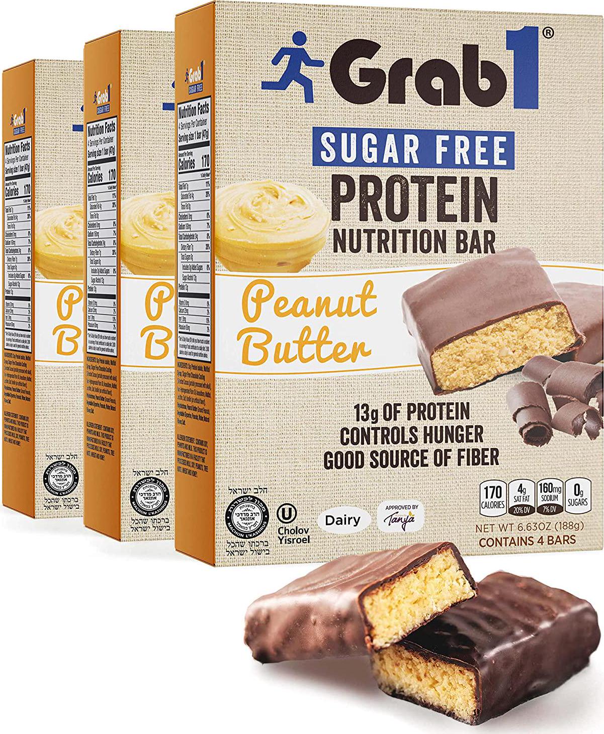 Grab1 Sugar Free Protein Bars, Peanut Butter (3 Pack- 12 Bars) | Delicious and Nutritious | Low Calorie | Zero Sugar