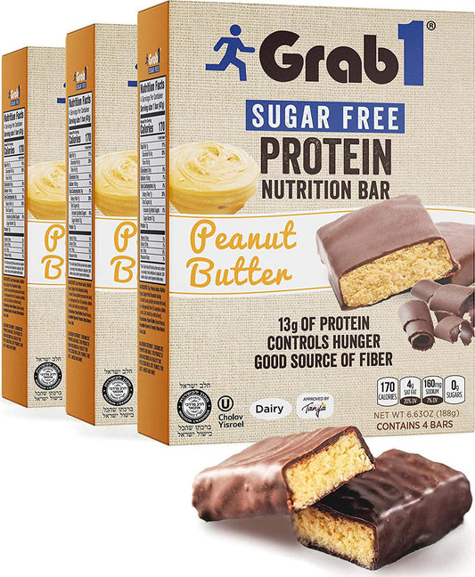 Grab1 Sugar Free Protein Bars, Peanut Butter (3 Pack- 12 Bars) | Delicious and Nutritious | Low Calorie | Zero Sugar