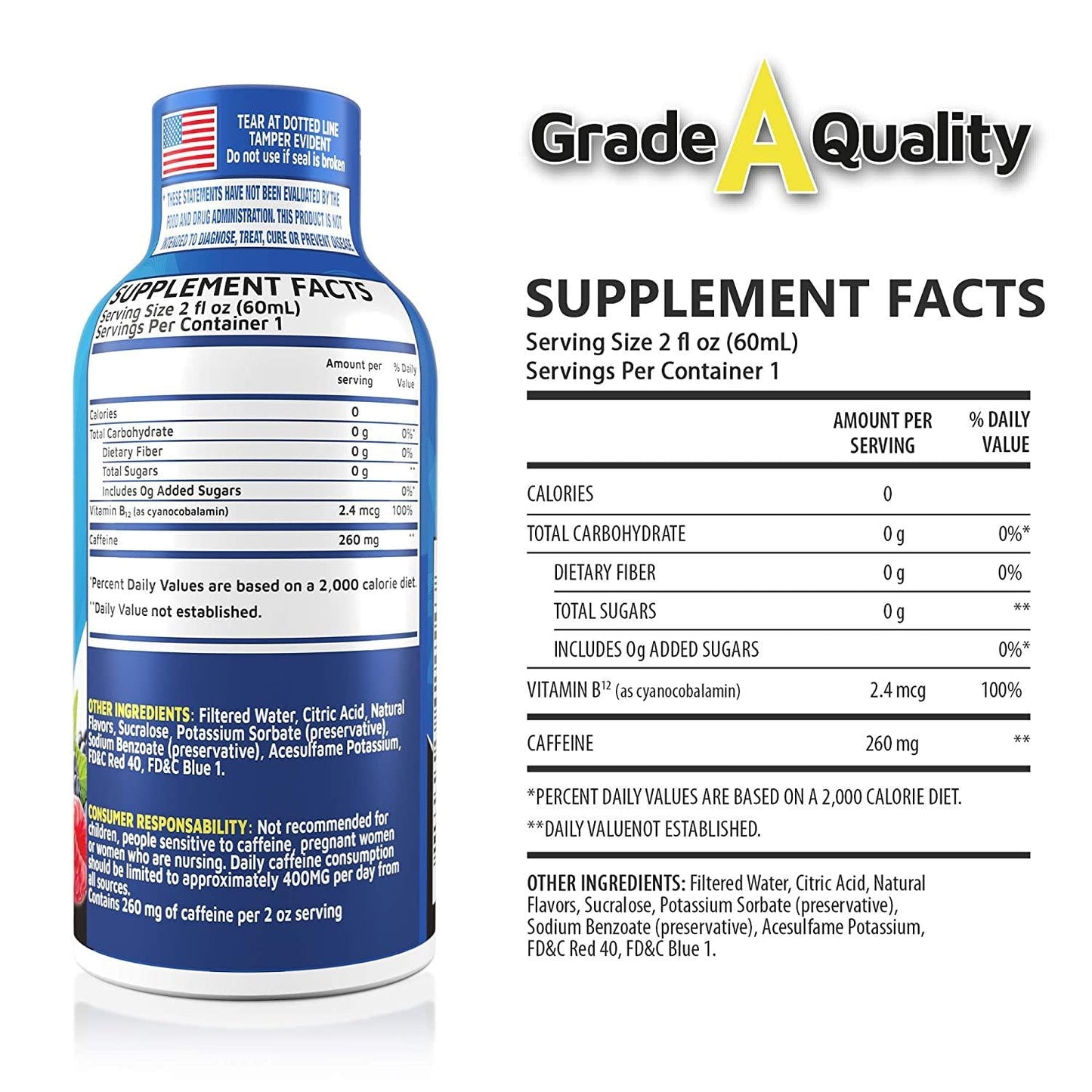 Grade A Quality Drink Shot, Mixed Berry Flavor, Up to 7+ Hours of Energy, 1.93 Fl Oz, 48 Count