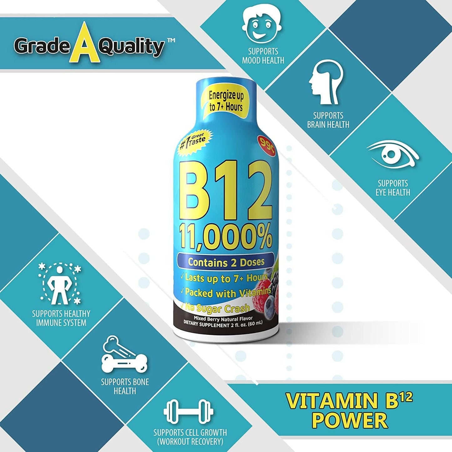 Grade A Quality Drink Shot, Mixed Berry Flavor, Up to 7+ Hours of Energy, 1.93 Fl Oz, 48 Count