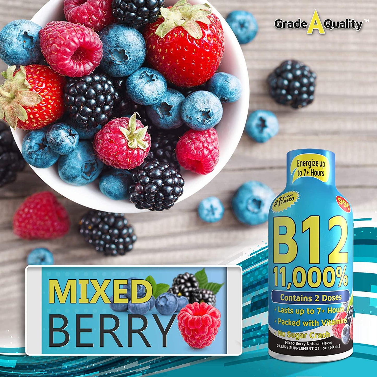 Grade A Quality Drink Shot, Mixed Berry Flavor, Up to 7+ Hours of Energy, 1.93 Fl Oz, 48 Count