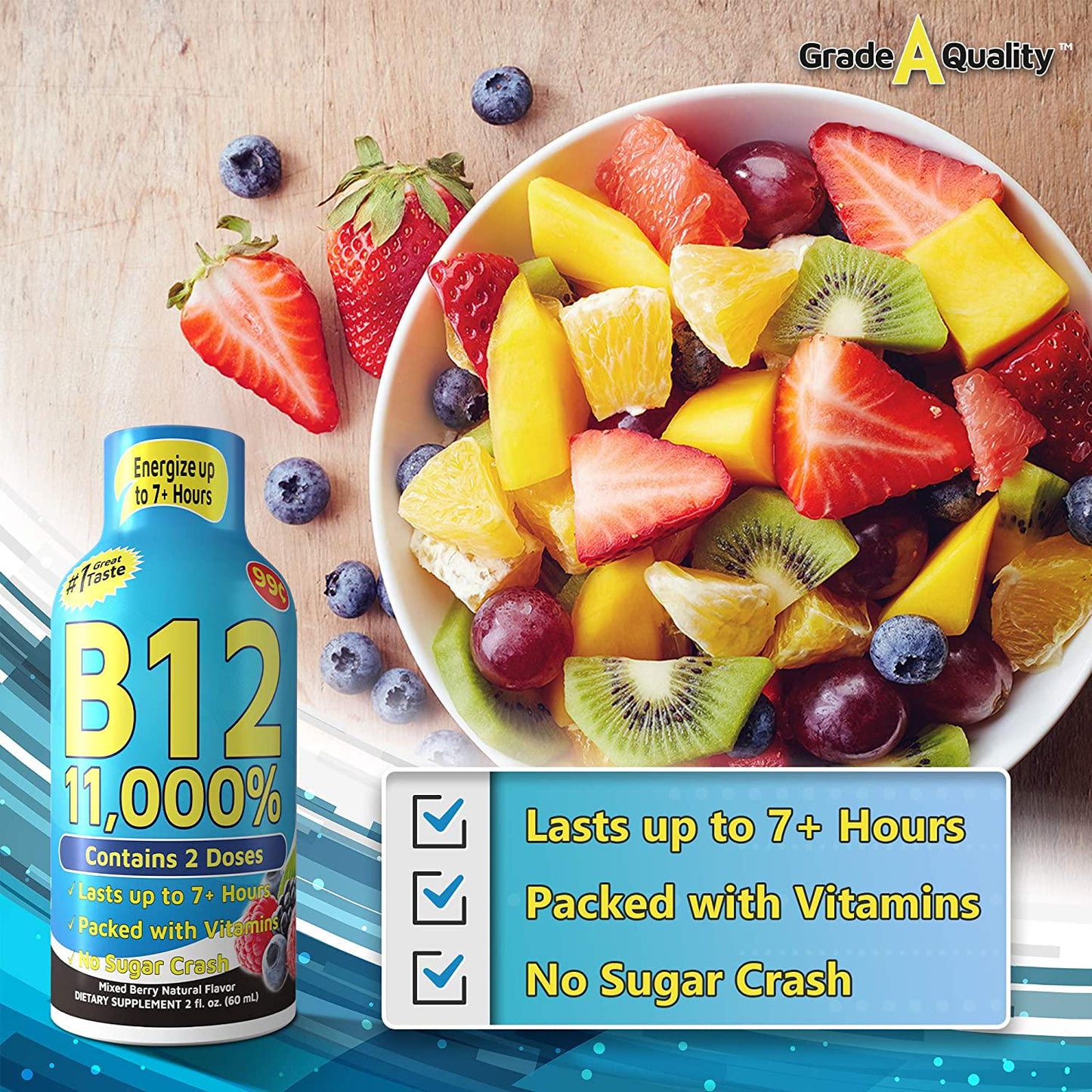 Grade A Quality Drink Shot, Mixed Berry Flavor, Up to 7+ Hours of Energy, 1.93 Fl Oz, 48 Count