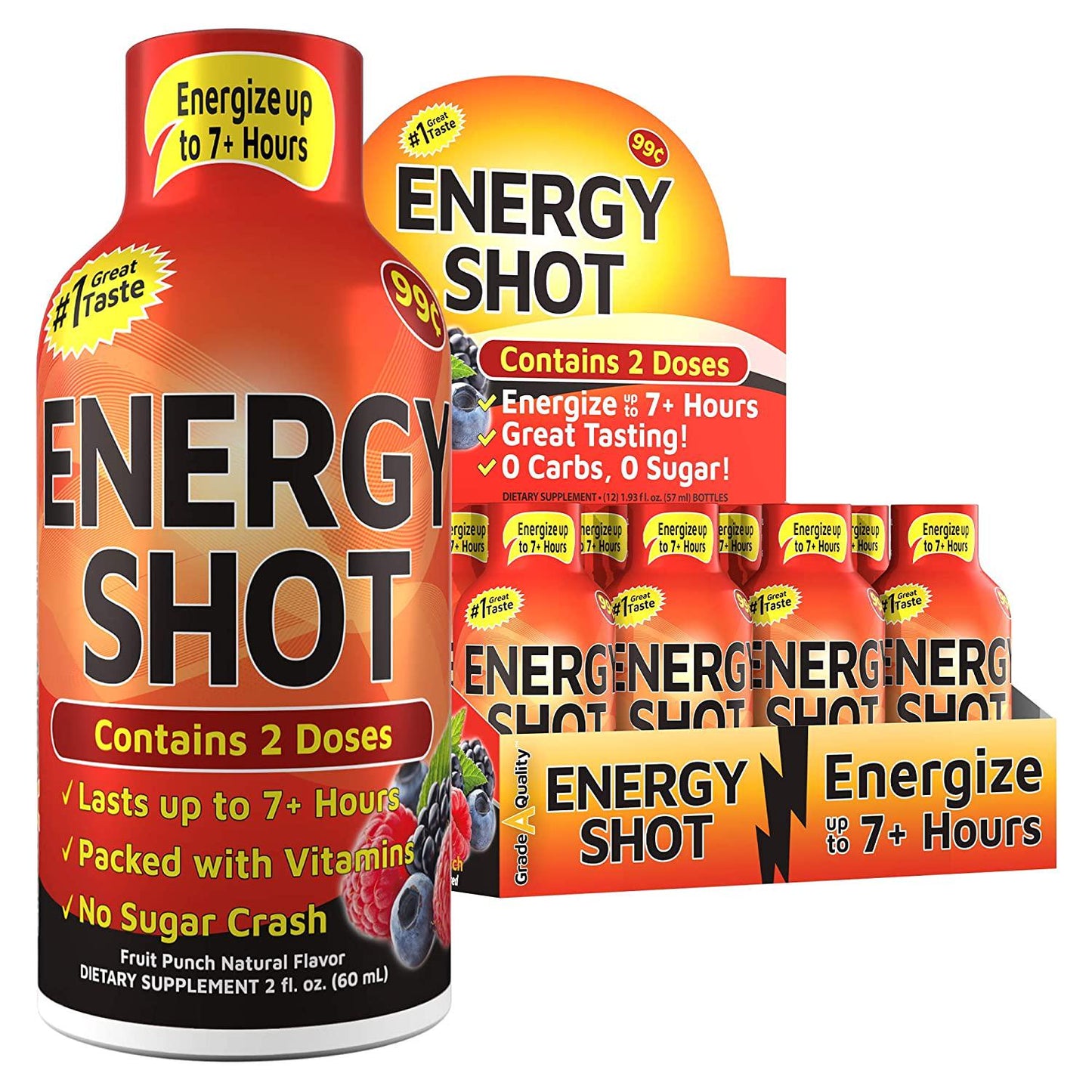 Grade A Quality Energy Drink Shot, Fruit Punch Flavor, Up to 7+ Hours of Energy, 1.93 Fl Oz, 12 Count