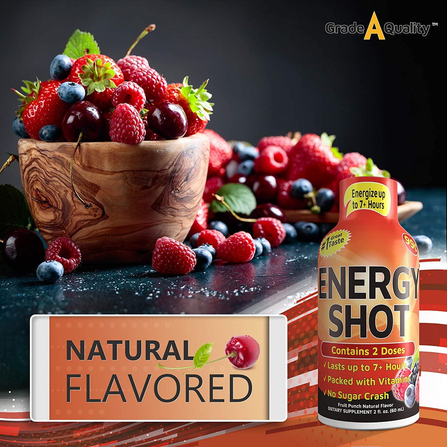 Grade A Quality Energy Drink Shot, Fruit Punch Flavor, Up to 7+ Hours of Energy, 1.93 Fl Oz, 12 Count