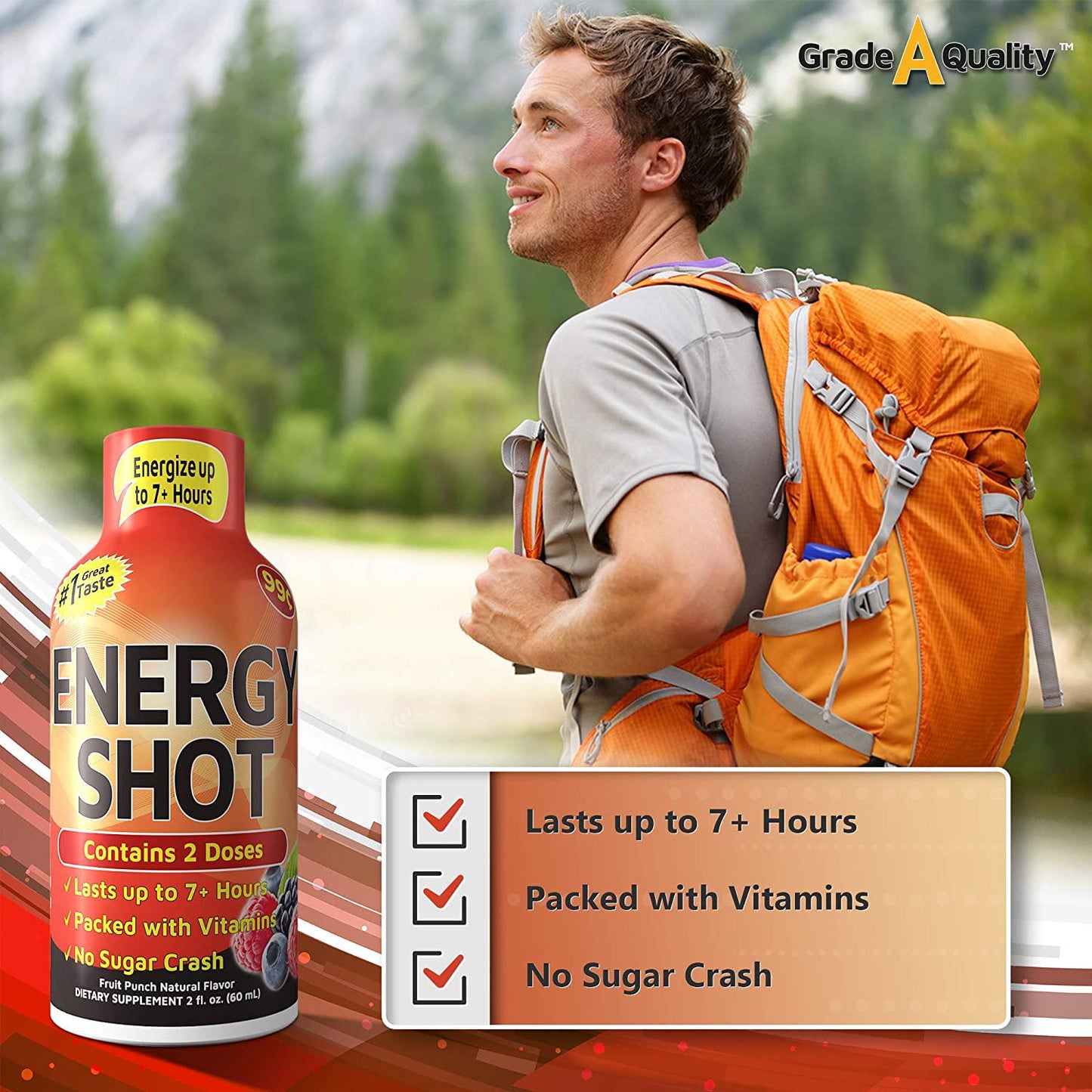 Grade A Quality Energy Drink Shot, Fruit Punch Flavor, Up to 7+ Hours of Energy, 1.93 Fl Oz, 12 Count