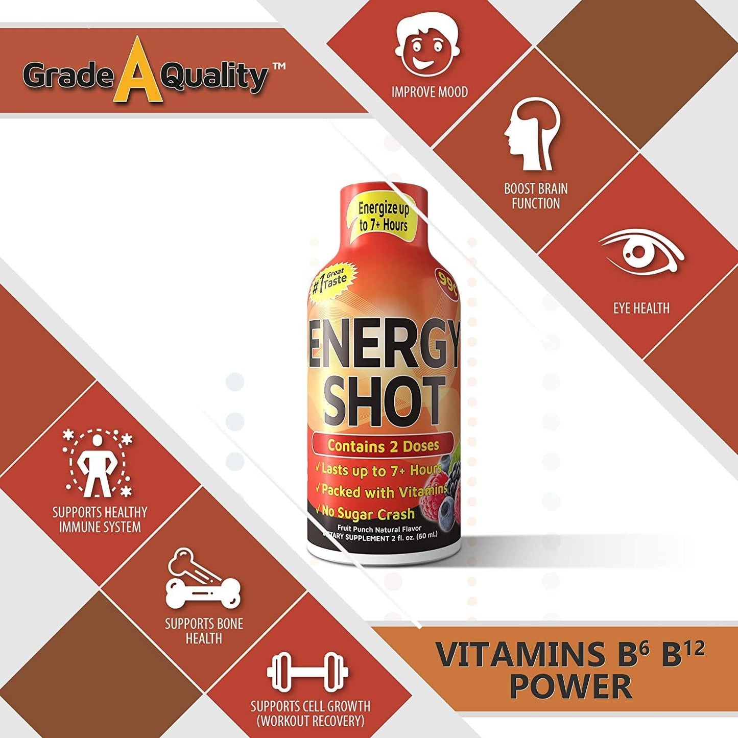 Grade A Quality Energy Drink Shot, Fruit Punch Flavor, Up to 7+ Hours of Energy, 1.93 Fl Oz, 12 Count