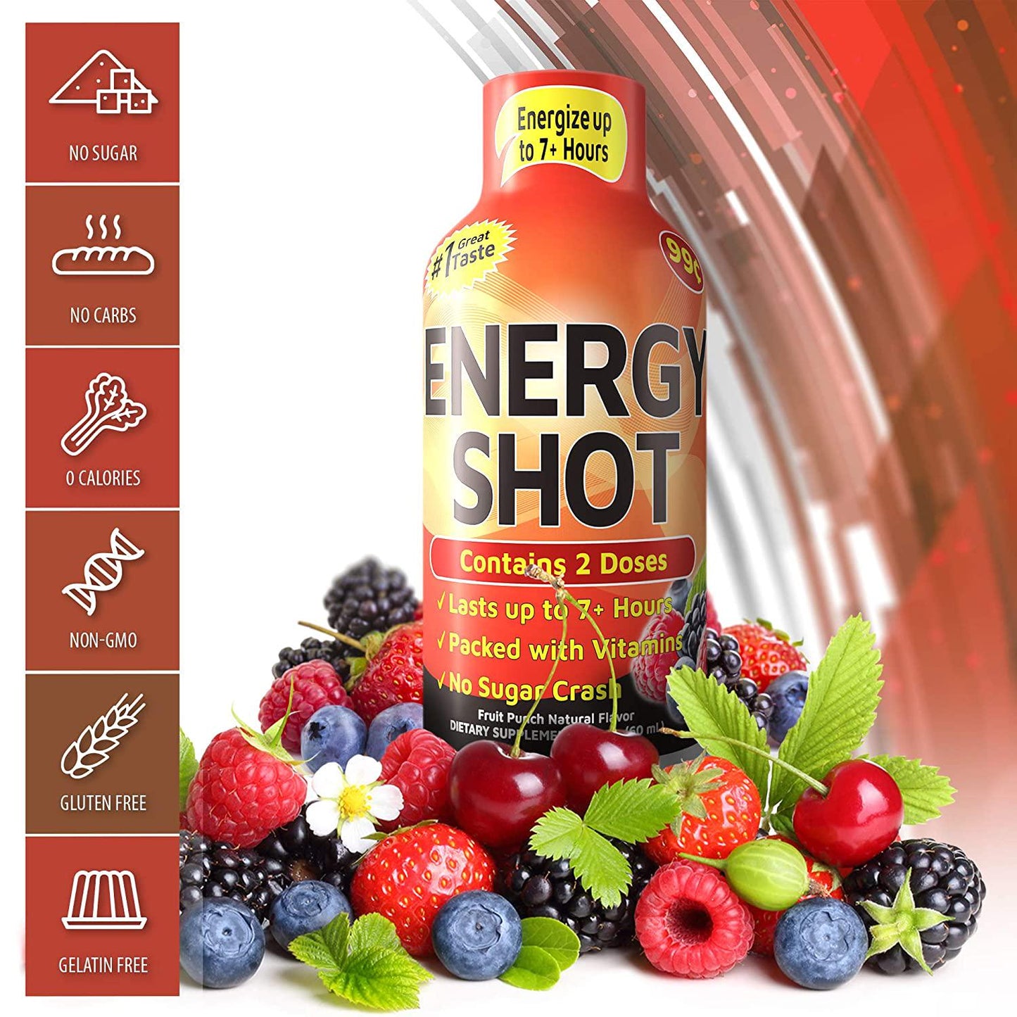 Grade A Quality Energy Drink Shot, Fruit Punch Flavor, Up to 7+ Hours of Energy, 1.93 Fl Oz, 12 Count