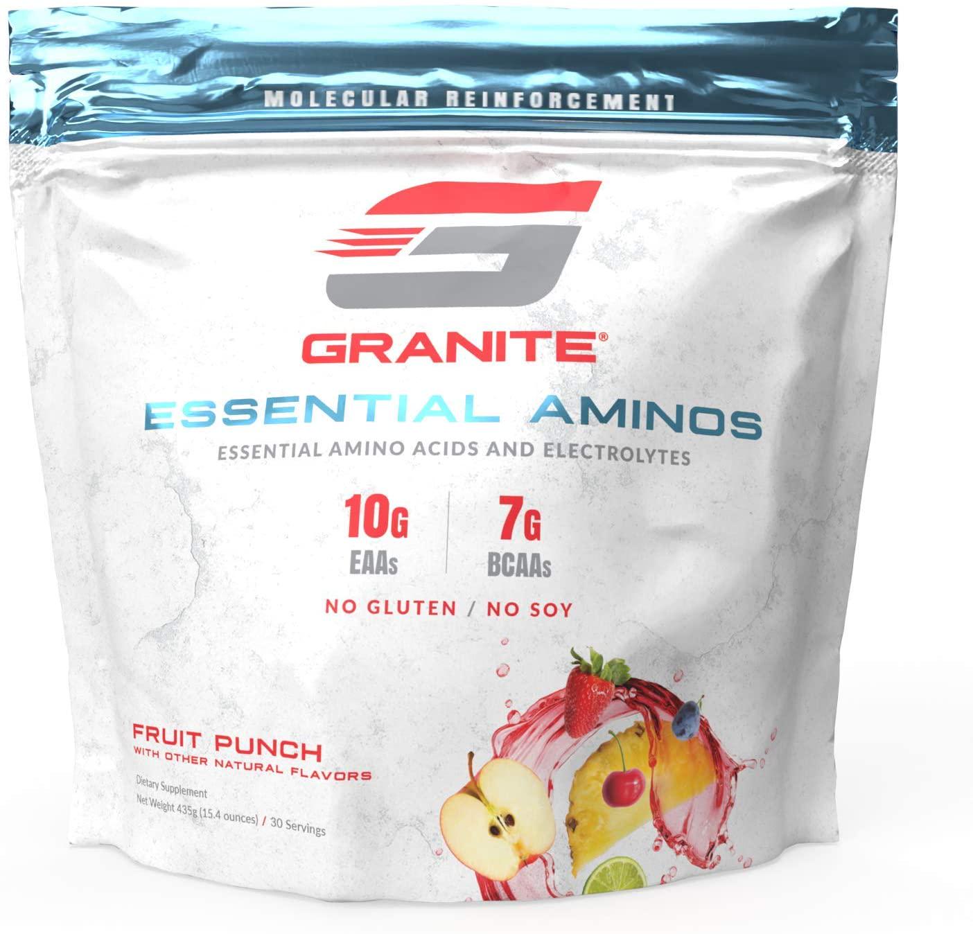 Granite Essential Amino Acids + Branched Chain Amino Acids + Electrolytes (Fruit Punch Flavor) | 10g EAAs + 7g BCAAs | Supports Muscle Growth | Soy Free + Gluten Free + Vegan | Made in USA