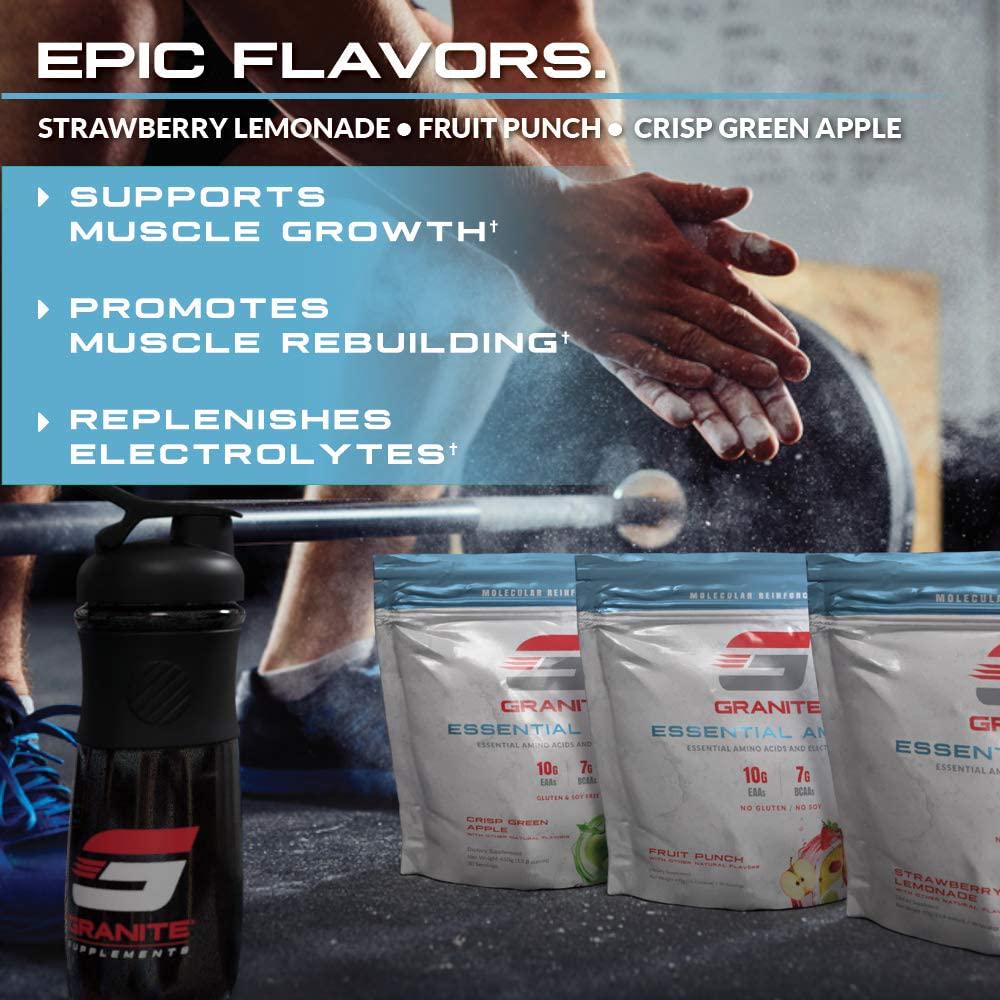 GraniteÂ Essential Amino Acids + Branched Chain Amino Acids + Electrolytes (Strawberry Lemonade Flavor) | 10g EAAs + 7g BCAAs | Supports Muscle Growth | Soy Free + Gluten Free + Vegan | Made in USA