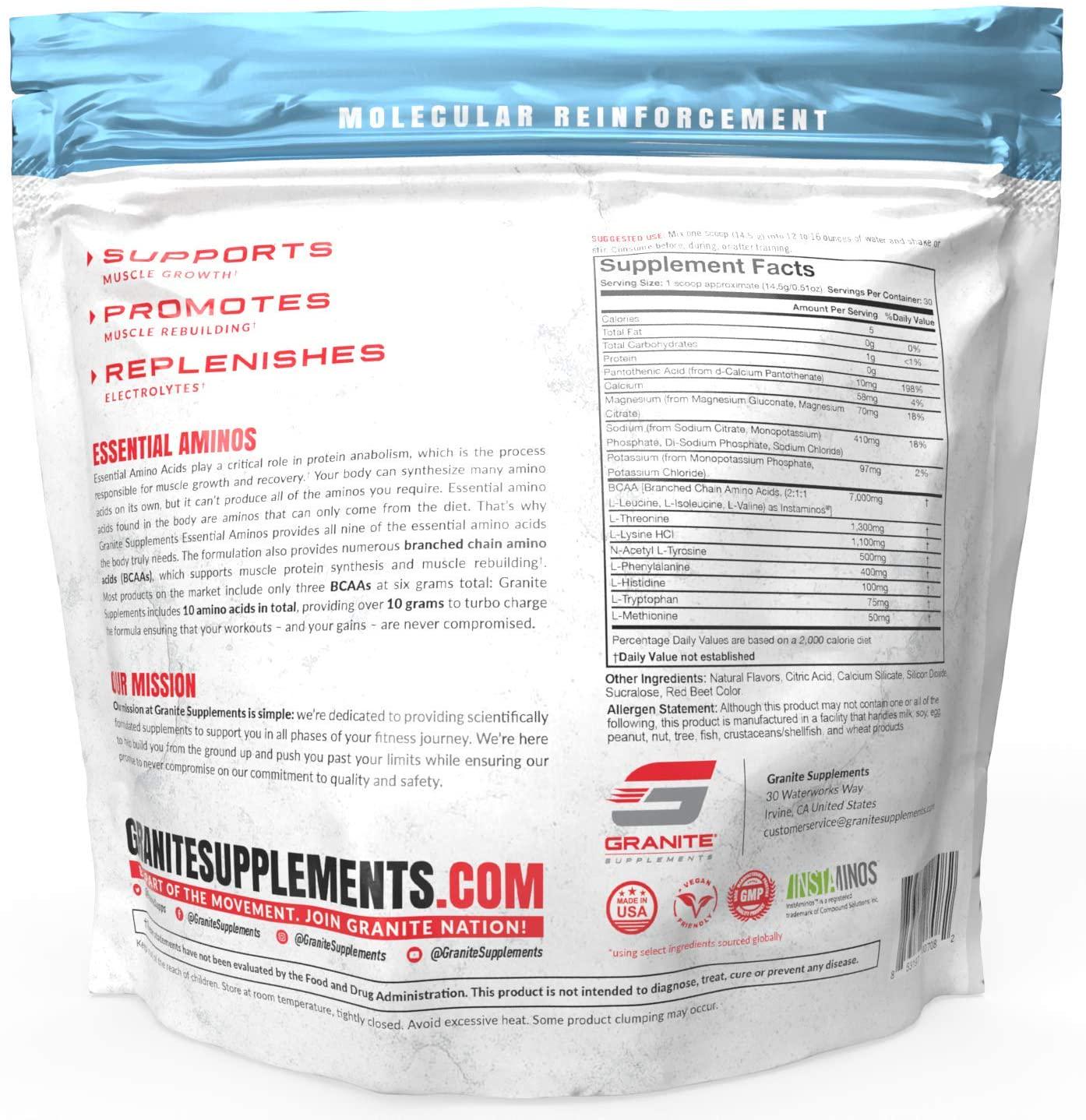 GraniteÂ Essential Amino Acids + Branched Chain Amino Acids + Electrolytes (Strawberry Lemonade Flavor) | 10g EAAs + 7g BCAAs | Supports Muscle Growth | Soy Free + Gluten Free + Vegan | Made in USA