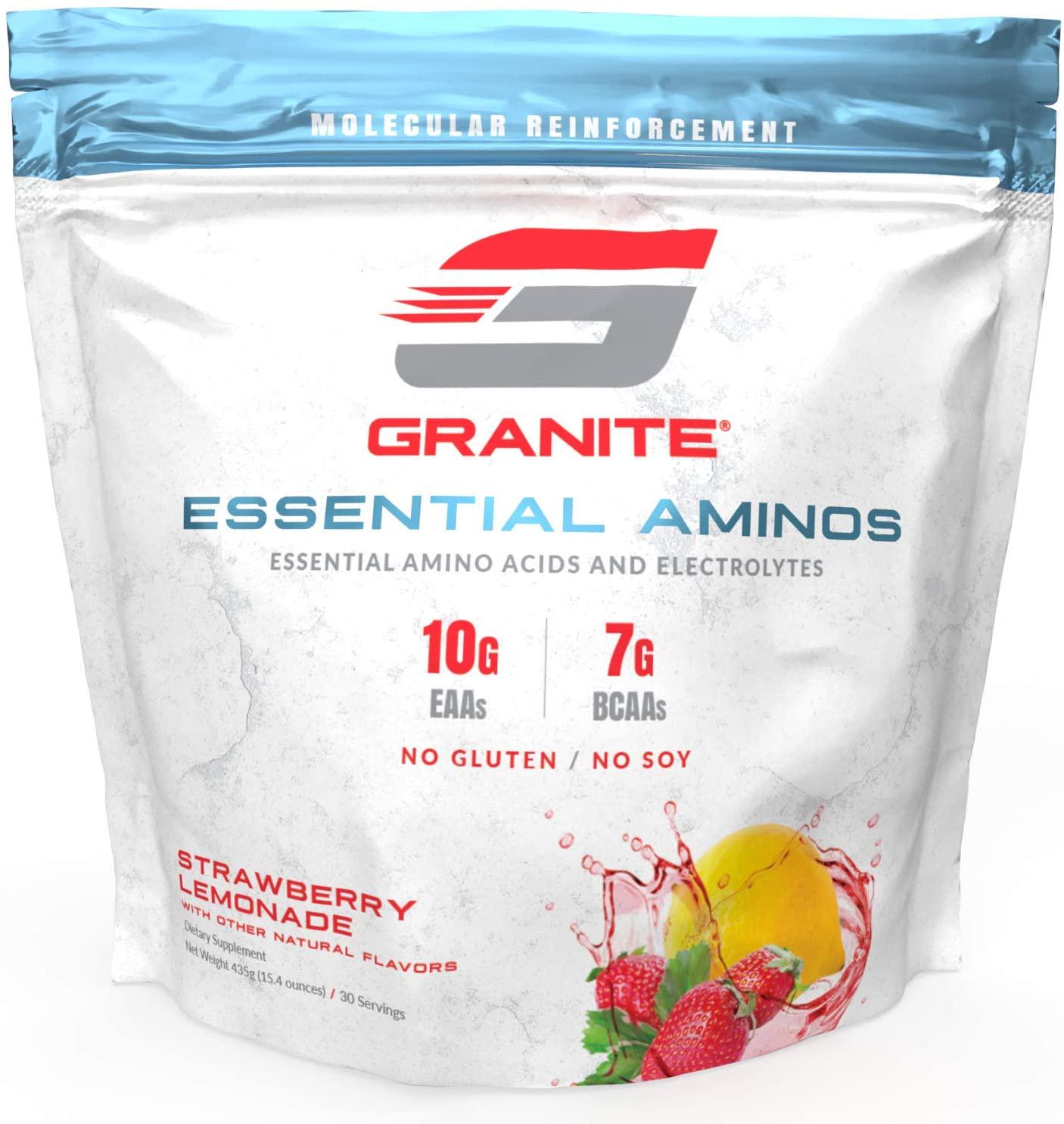 GraniteÂ Essential Amino Acids + Branched Chain Amino Acids + Electrolytes (Strawberry Lemonade Flavor) | 10g EAAs + 7g BCAAs | Supports Muscle Growth | Soy Free + Gluten Free + Vegan | Made in USA
