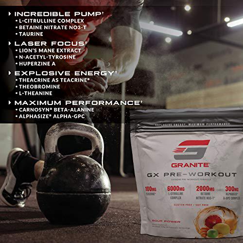 Granite GX Pre-Workout Supplement (Watermelon) Advanced Formula for Pump, Focus, Energy, Performance | Citrulline, Taurine, Lions Mane, Tyrosine, Teacrine, Betaine, Carnosyn, Creatine | Vegan, USA